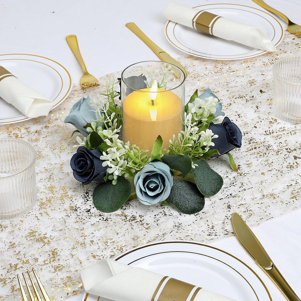 6 Sets Rose Rings Wreaths with LED Candles - Artificial Roses Eucalyptus Wreath Wedding Centerpiece for Wedding Bridal Shower Banquet Table Decor - Navy Blue