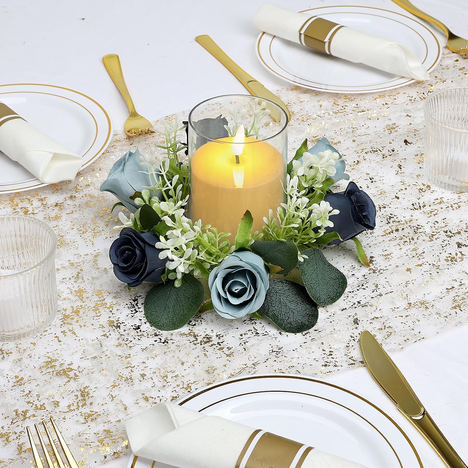 6 Sets Rose Rings Wreaths with LED Candles - Artificial Roses Eucalyptus Wreath Wedding Centerpiece for Wedding Bridal Shower Banquet Table Decor - Navy Blue