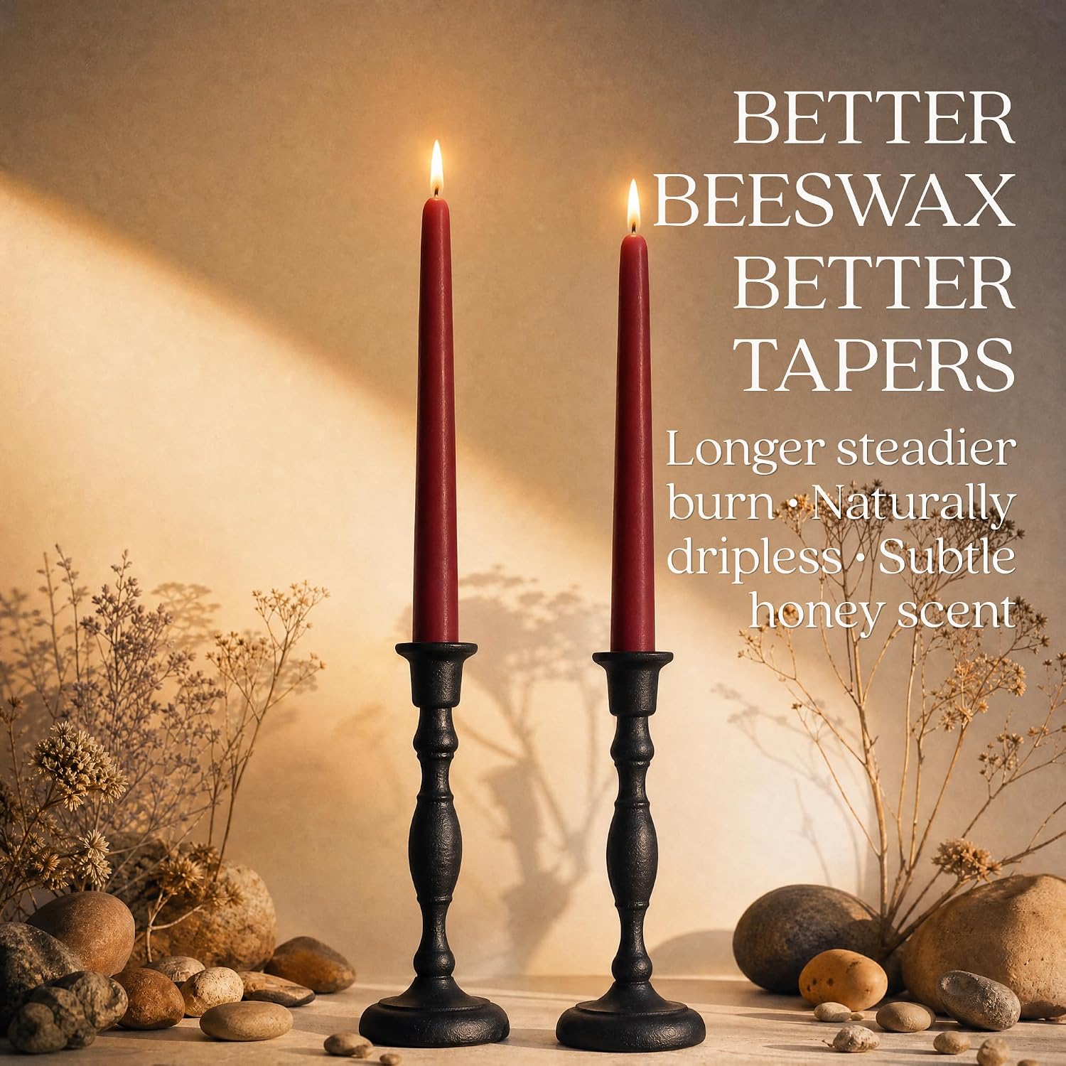 Bluecorn Beeswax Taper Candles, 12 Inch Terracotta, 2 Count | 100% Pure Natural Bees Wax, Clean Burning & Dripless, Fragrance Free, Long Lasting, American Made
