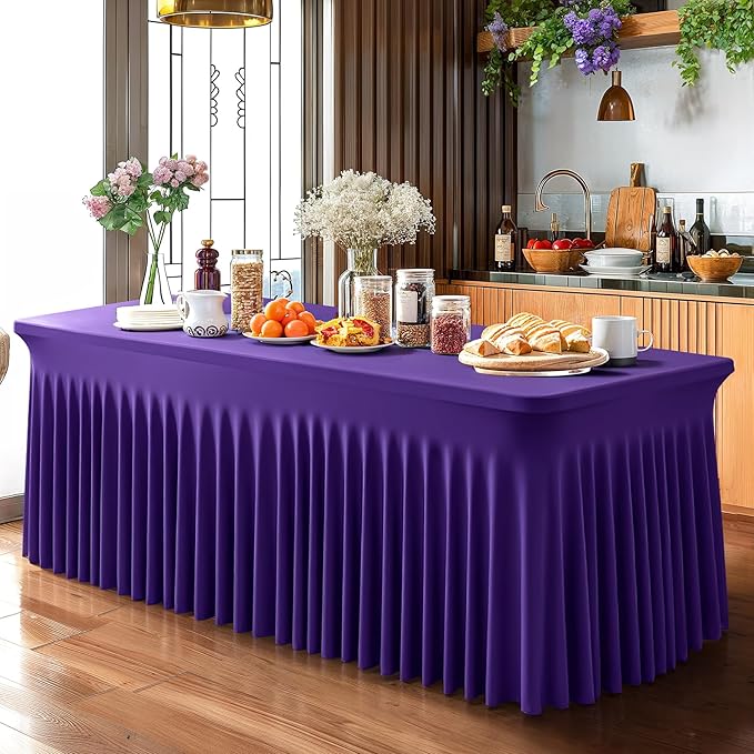 6 Pack Dark Purple Spandex Table Clothes for 8 Foot Rectangle Tables, 8FT Wrinkle Free Fitted Tablecloths Ruffles Design Table Cover for Party, Banquet, Wedding and Events