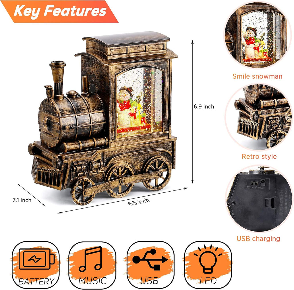 IPOW Christmas Snow Globe Lantern Train with Water Swirling Glitter, Musical and Lighted 6 Hours Timer USB Powered & Battery Operated Music Box for Christmas Home Decoration Gift, Snowman Scene