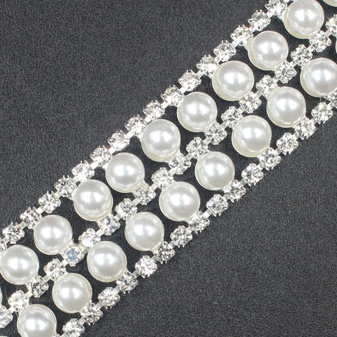 PEARLY JUN 2 Yards Pearl Rhinestone Trim Chain Silver Crystal Fringe Diamond Applique Ribbon String Tassel Strip for Sewing Wedding Dress Crafting Crafts Flower Embellishments