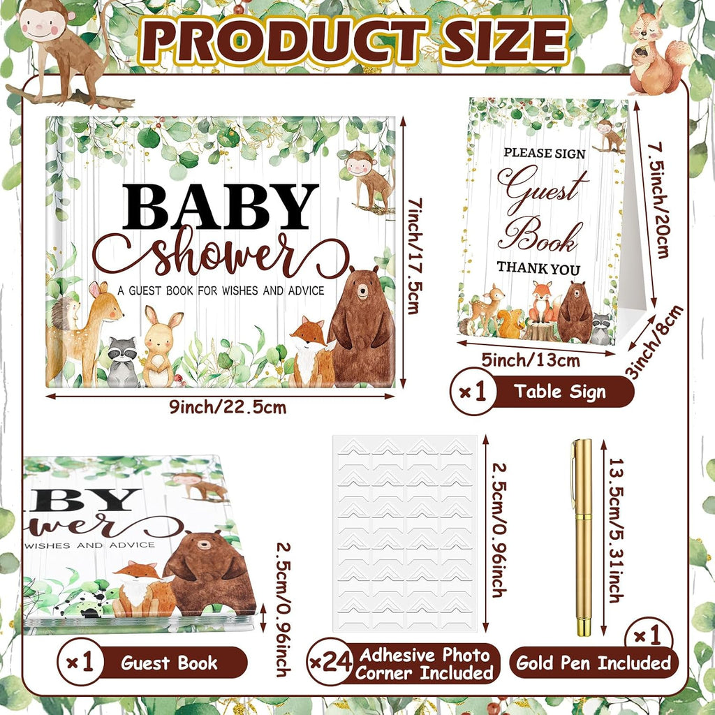 Fuyoooo 27 Pcs Woodland Animal Baby Shower Guest Book Set Baby Shower Sign in Guest Floral Book Place Table Cards with Gold Pen Adhesive Photo Corner for Birthday Party