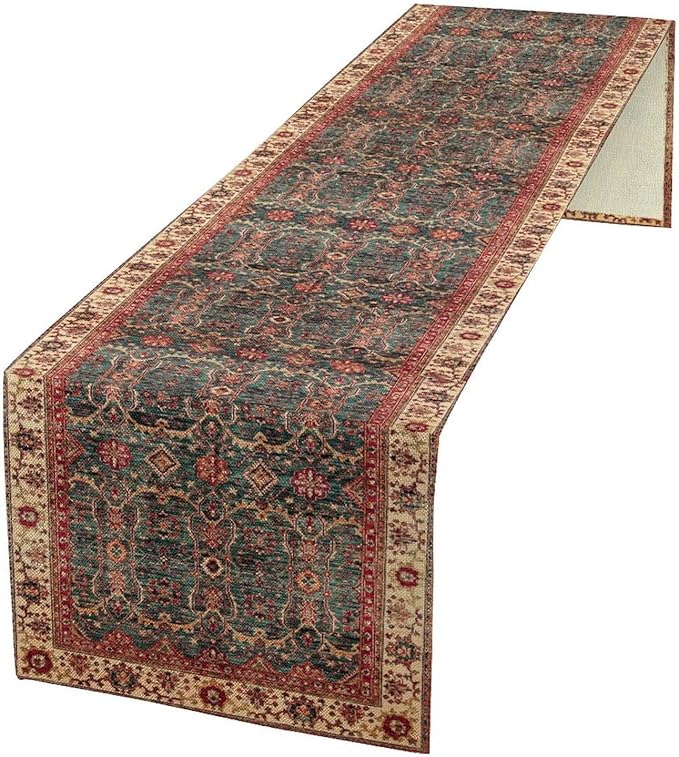 Vintage Boho Floral Table Runner, Rustic Country Farmhouse Red Teal Retro Flower Pattern for Home Kitchen Table Decor Dining Coffee Room Party Decor 13x120in
