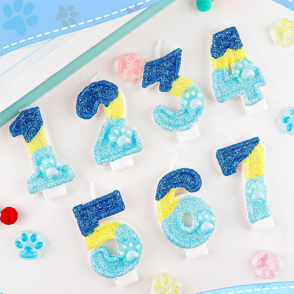 Glitter Dog and Cat 3rd Birthday Candle Blue Numbers 3 Candle Paw Cake Topper Cupcake Decorations for Pet Theme Party Decor Anniversary Celebrations Supplies