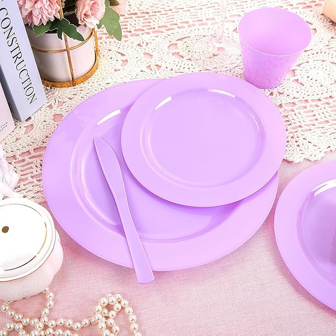 KIRE 150 PCS Purple Plastic Plates - Purple Dinnerware Set Disposable 25 Dinner & 25 Salad Plates 25Forks 25Knives 25Spoons 25Clear Cups for Birthday/Baby Shower