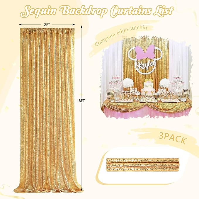 Gold Backdrop Curtain for Parties - 3 Pieces Glitter Sequin Background Backdrops 2x8ft Birthday Baby Shower Decorations