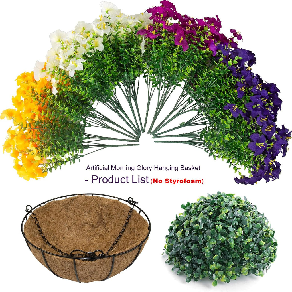2 Set Artificial Outdoor Flowers with Hanging Baskets,24 Pcs UV Resistant Faux Petunias Flowers with Hanging Planter for Front Door Porch Spring Outside Decor (2, White,Yellow,Purple,RedViolet)