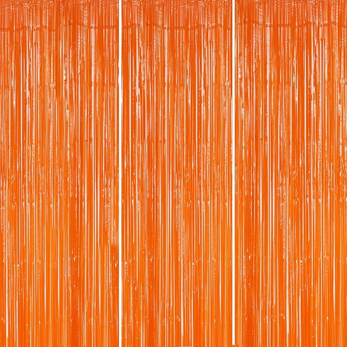 3 Pack Foil Fringe Backdrop - Orange Shiny Tinsel Curtains for Party Decoration/Photo Booth Props - 3.3x8.2 FT Metallic Foil Backdrop for Birthday, Wedding, Graduation, Christmas.