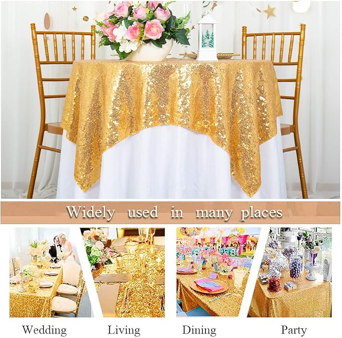 ShinyBeauty Gold Tablecloths 36X36 Inch, 2 Pieces Sequin Table Cloth for Party Sparkle Tablecloth Square Golden Small Shimmer Table Overlay for Wedding, Birthday, Holiday,Cake Tables