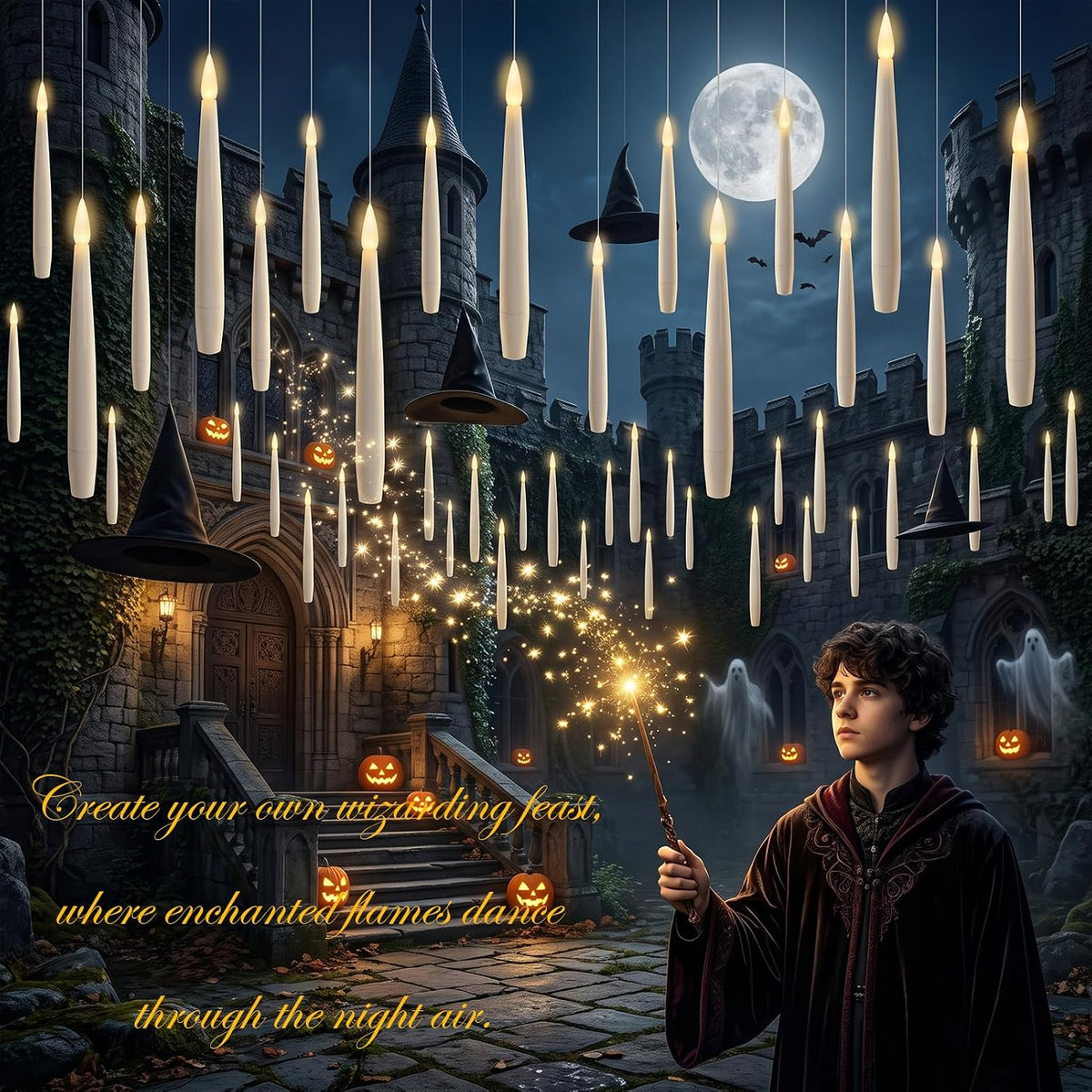 20PCS Halloween Flameless Floating Candles with Wand Remote & Witch Hat