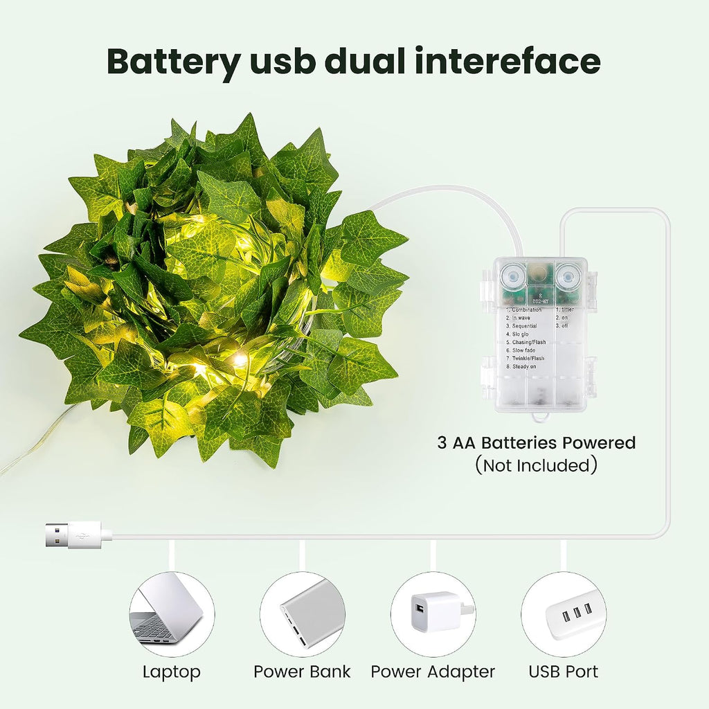HEYFUNi 23ft Pre-Wrapped Ivy Vine Lights with 73 LEDs, USB or Battery Operated Artificial Greenery Garland for Bedroom Aesthetic, Dorm Room, Wedding Backdrop, Boho Wall Decor, Warm White