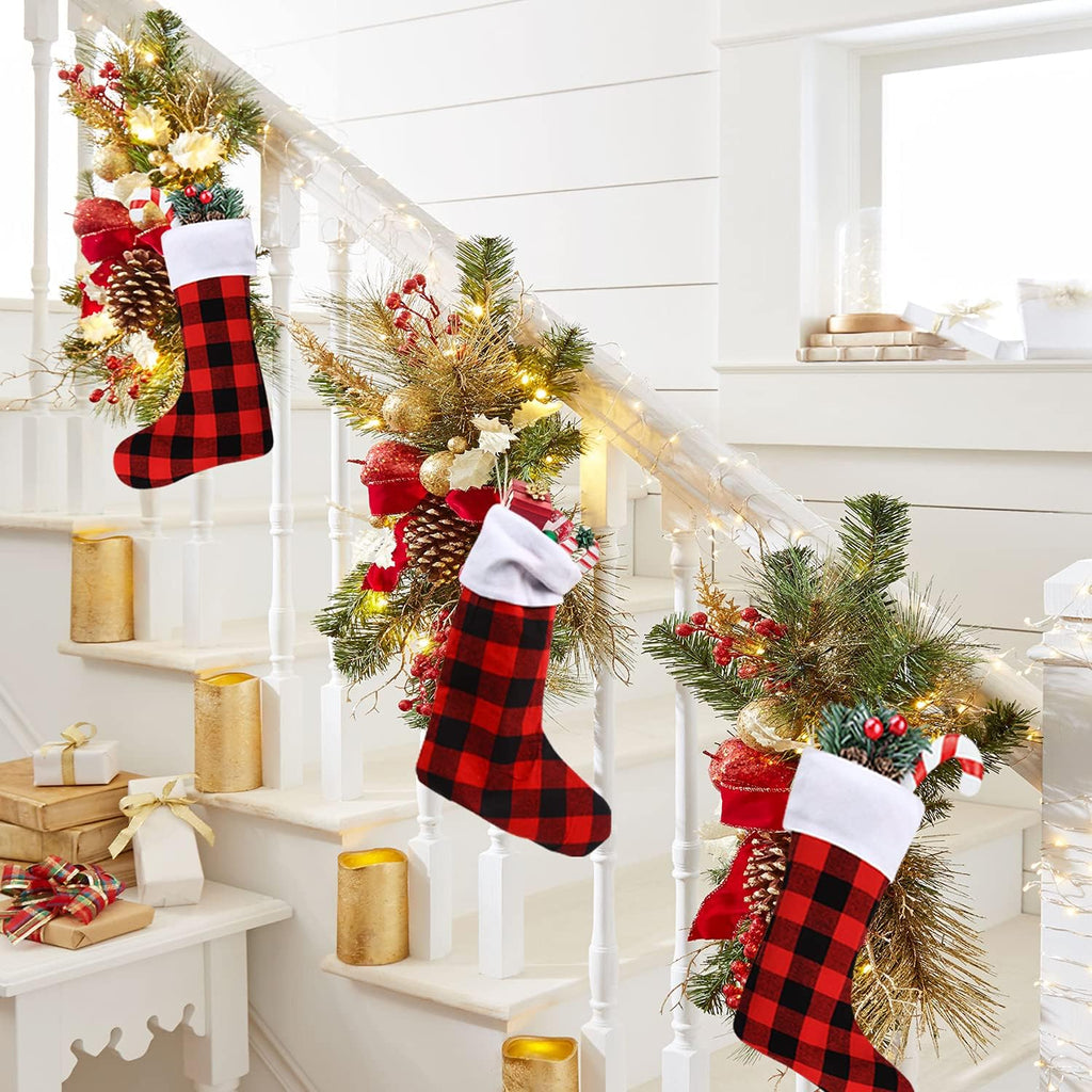 DIYASY Christmas Buffalo Plaid Stockings,6 Pack 18 Inches Large Black White Plaid Stockings