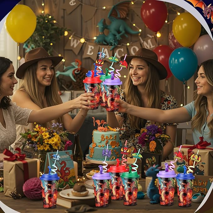 Yungyan 24 Sets Dragon Party Favors Goodie Cups with Lids and Straws for Birthday Decorations Reusable 16oz Plastic Candy Cups Plastic Straws for Birthday Party (Dragon)