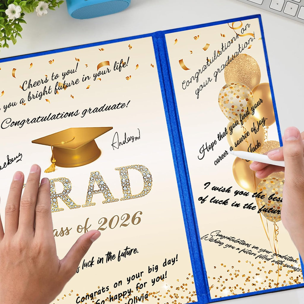 DARUNAXY Blue Gold Graduation Party Decorations, Blue Class of 2026 Congratulations Graduates Alternative Signature Guest Book for Men Happy Graduation Gifts Congrats Grad Party Signing Card Board