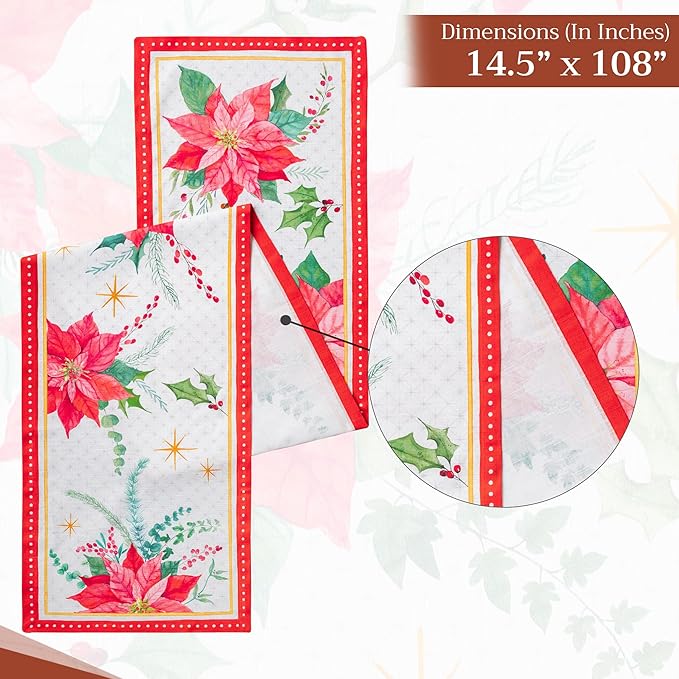 Maison d' Hermine Table Runner 100% Cotton Single Layer Table Runners 108 inches Long for Thanksgiving Christmas Decorations Home Kitchen Dining Party Wedding (Poinsettia Christmas, 14.5" x 108")