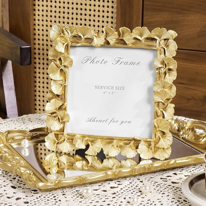 Cuspin Vintage Picture Frame 6x6 Gold Frames, Gold Ornate Leaf Textured Hand-Crafted Resin with Glass Front Antique Photo Frame for Tabletop Display, Retro Design Home Decor