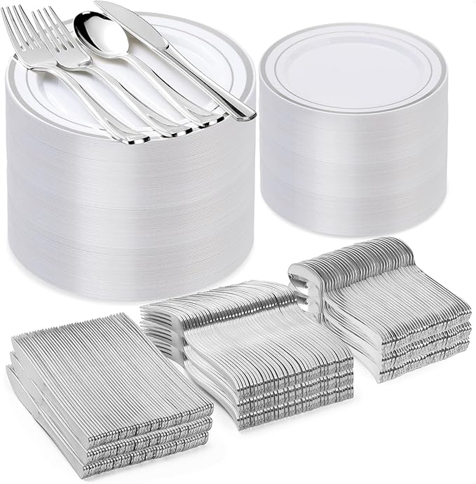 600PCS Silver Plastic Plate Set (100 Guests), Disposable Plates for Party Wedding Birthday, Dinnerware Set of 200 Plastic Plates, 200 Forks, 100 Spoons, 100 Knives for Christmas