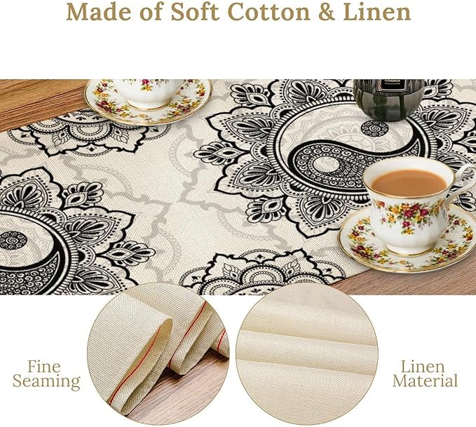 Yin Yang Table Runner, Bohemian Mandala Vintage Black White Traditional Oriental Floral Print Table Runner for Home Kitchen Dining Table Wedding Party Decor, 13x70inch