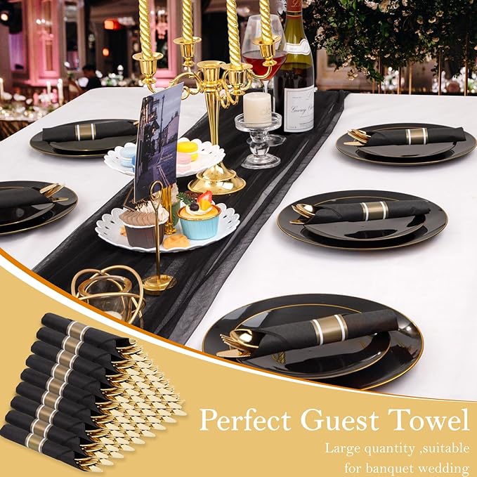 Supernal 60 Pack Gold Silverware, Rolled, Pre Wrapped with Black Napkins, Heavy Duty Plastic Cutlery, Forks and Spoons