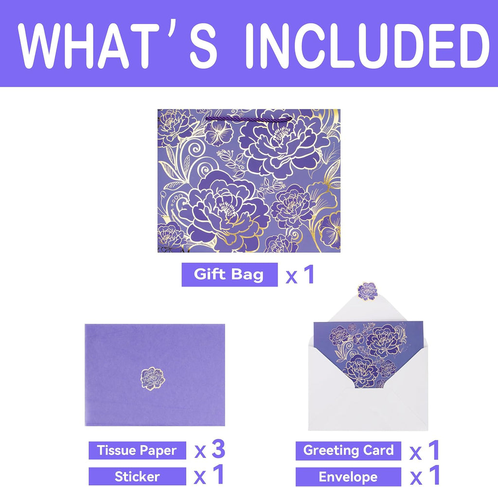 Qirrmiy 13" Large Rose Purple Gift Bag Set with Greeting Card and Tissue Paper for Women or Girls for Celebrating Birthdays, Mother's Day, Valentine's Day, Weddings, Anniversaries