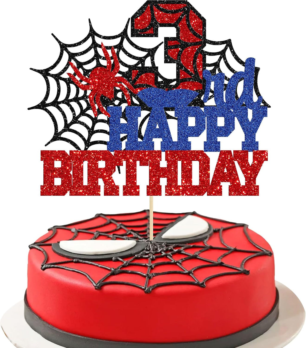 Ephlyn 1Pcs Happy 3rd Birthday Cake Topper Glitter Spider Themed Happy Third Birthday Cake Decor for Men Boy Children Three Years Birthday Party Supplies