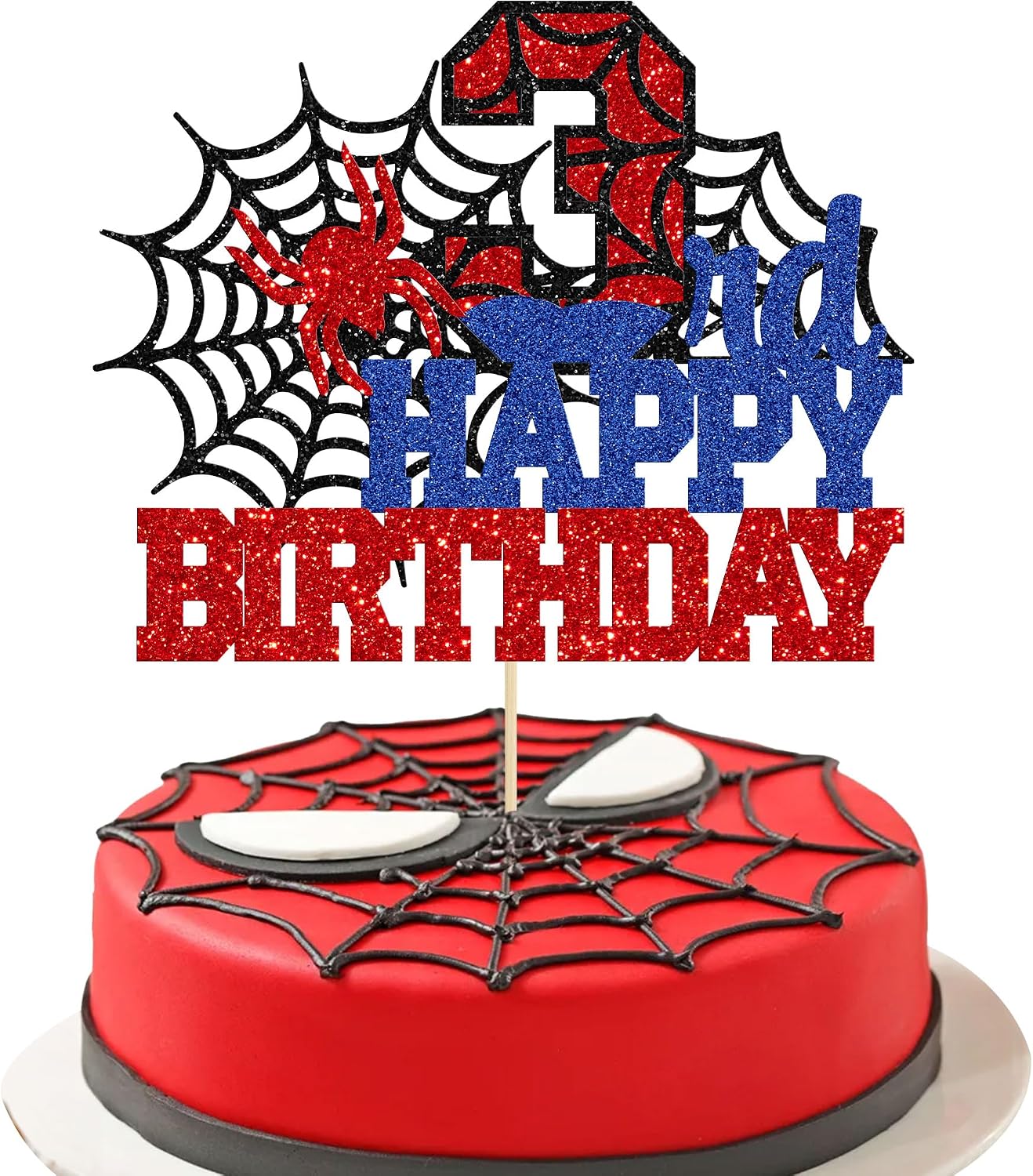Ephlyn 1Pcs Happy 3rd Birthday Cake Topper Glitter Spider Themed Happy Third Birthday Cake Decor for Men Boy Children Three Years Birthday Party Supplies