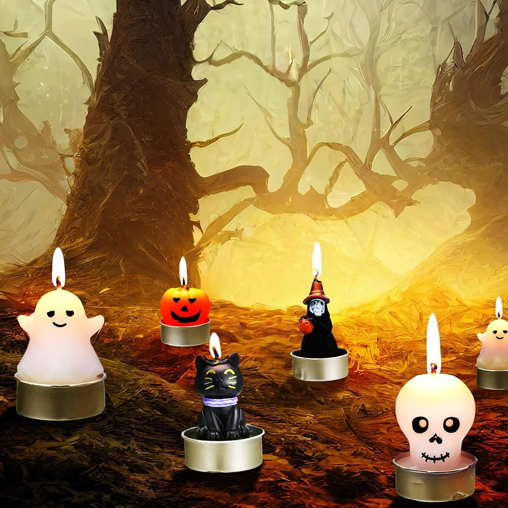 Jutom 20 Pcs Halloween Candles 5 Styles 1.6"x 1.8" Mini Tealight Candles Bulk Cute Pumpkin Ghost Witch Black Cat Shaped Halloween Trick or Treat Haunted House Activity Decorations Party Supply