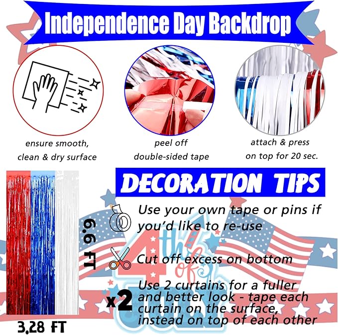 4 Pack 3.2Ft x 6.6Ft Independence Day Fringe Curtain Backdrop, Red Blue White Metallic Tinsel Foil Fringe Streamers Curtains Background for Photo Booth Birthday Wedding Carnival Party Decorations