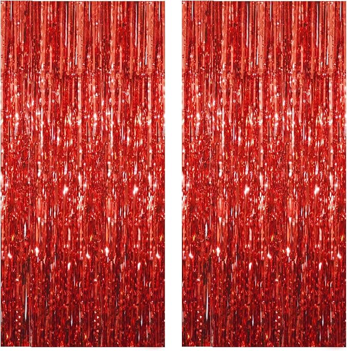 Red Foil Fringe Curtain 3.3×8.3FT 2 Packs, Metallic Tinsel Curtains Party Streamers for Birthday Graduation Baby Shower Decoration (2pcs,3.3FT×8.3FT, Red)