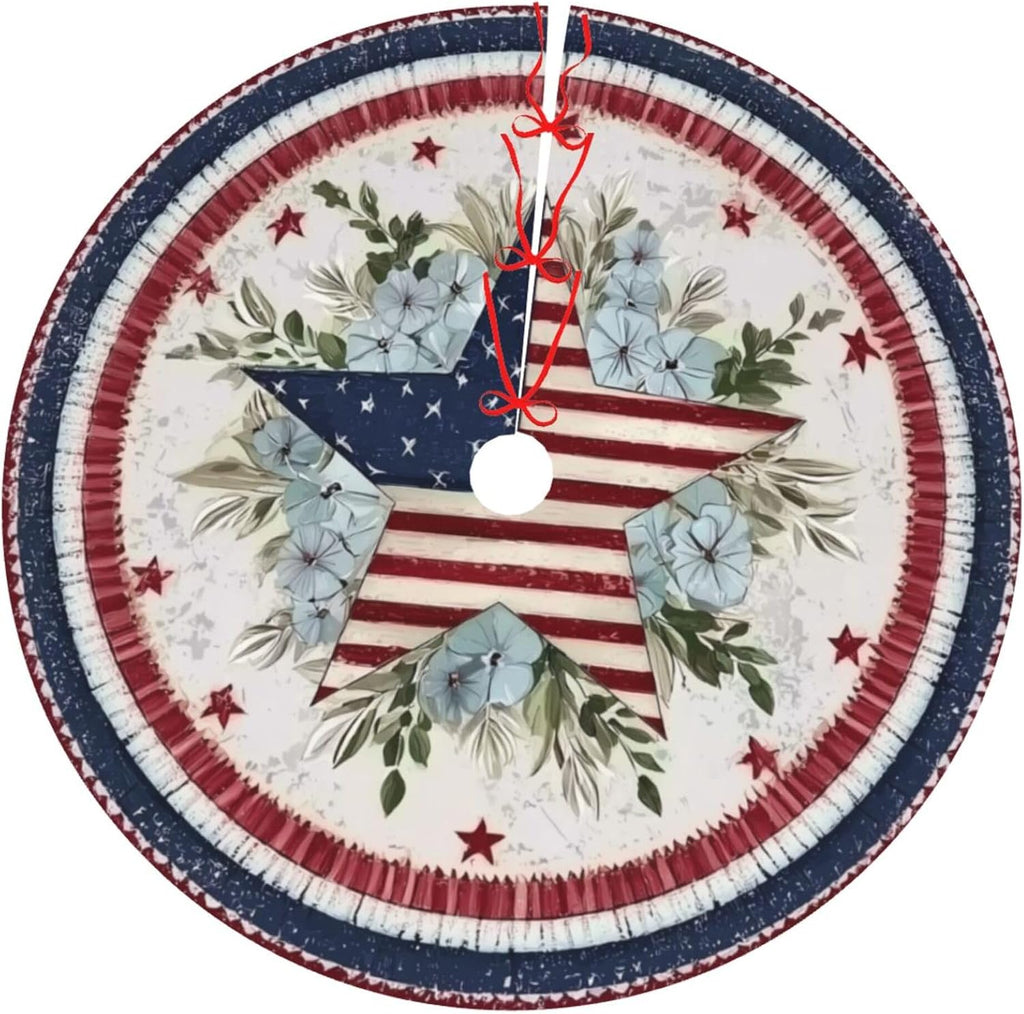 American Flag Stars Christmas Tree Skirt 36 Inch Xmas Tree Mat Party Decor Supplies for Holiday Home Decorations