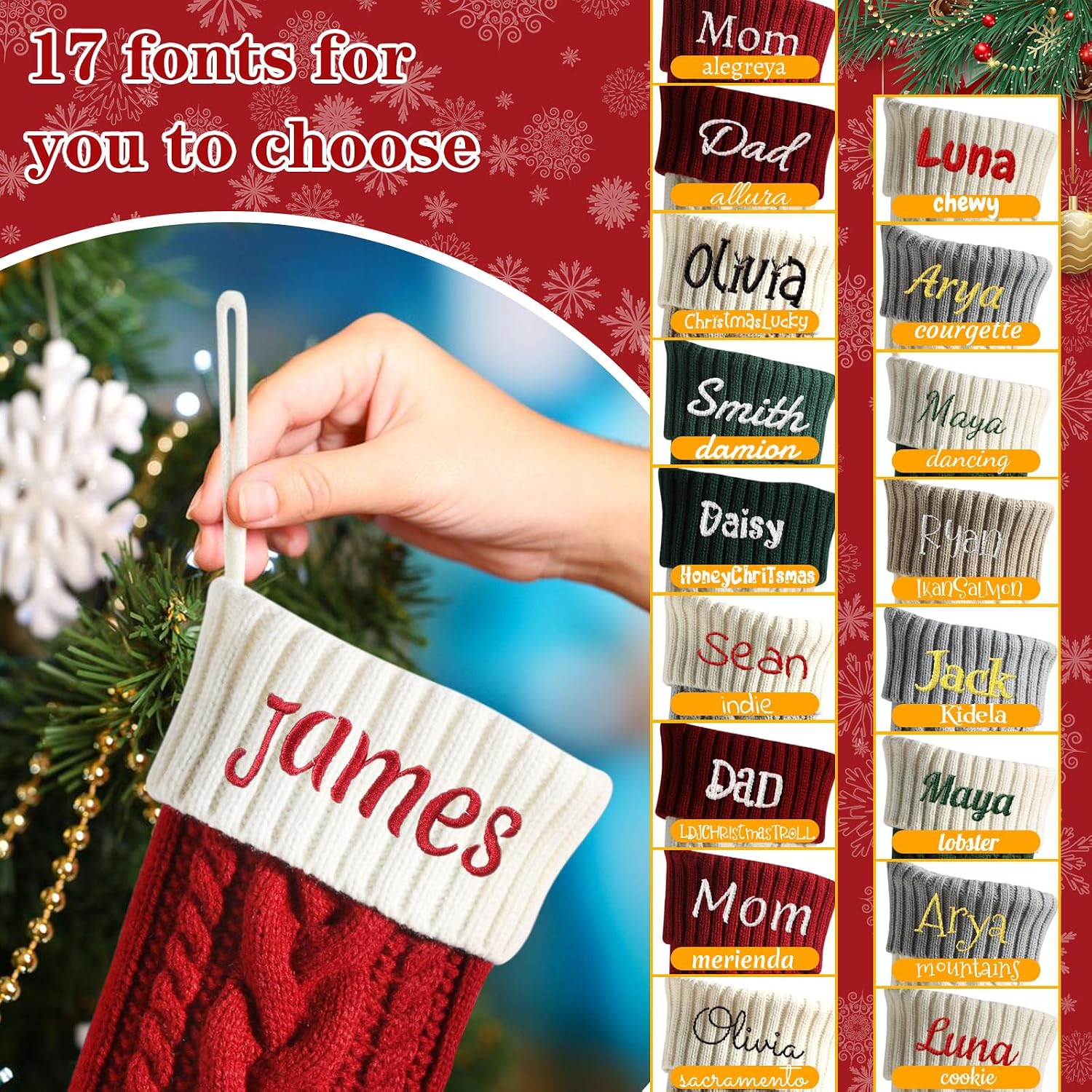 Personalized Christmas Stockings, 18” Large Custom Stockings with Embroidered Name, 1 Pack Knitted Xmas Stocking for Kids,Holiday and Family Stocking for Fireplace Christmas Party Decoration (A)