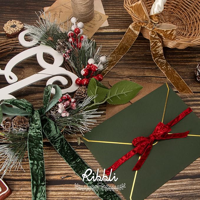 Ribbli Khaki Velvet Ribbon 1 Inches Luxury Crinkled Brown Christmas Ribbon for Gift Wrapping Crafts Home Decor-Continuous 10 Yard