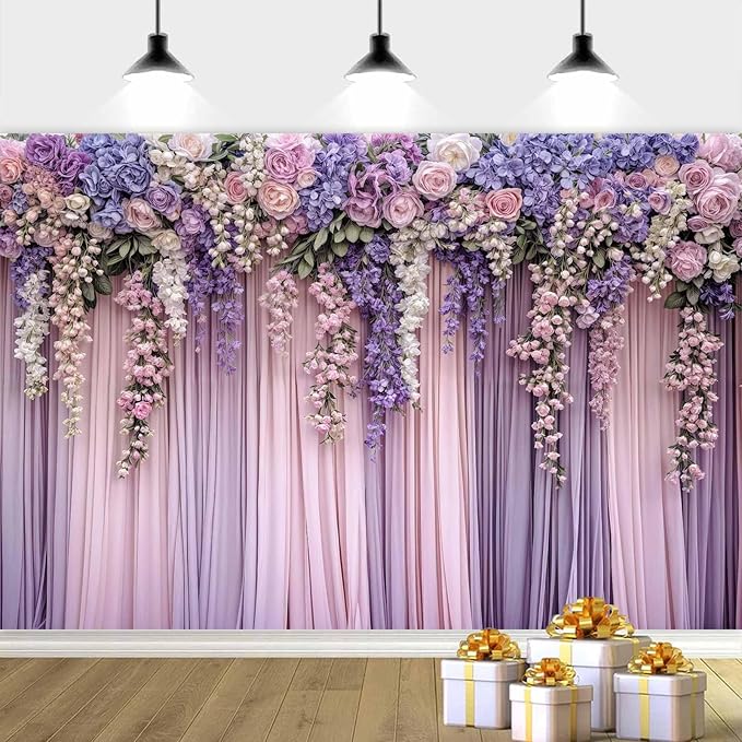 6x4ft Purple Flower Wedding Photography Backdrop Lavender Floral Wedding Bridal Photography Backdrop Anniversary Birthday Baby Shower Girl Party Banner Photo Booth Props Background Wall Decor