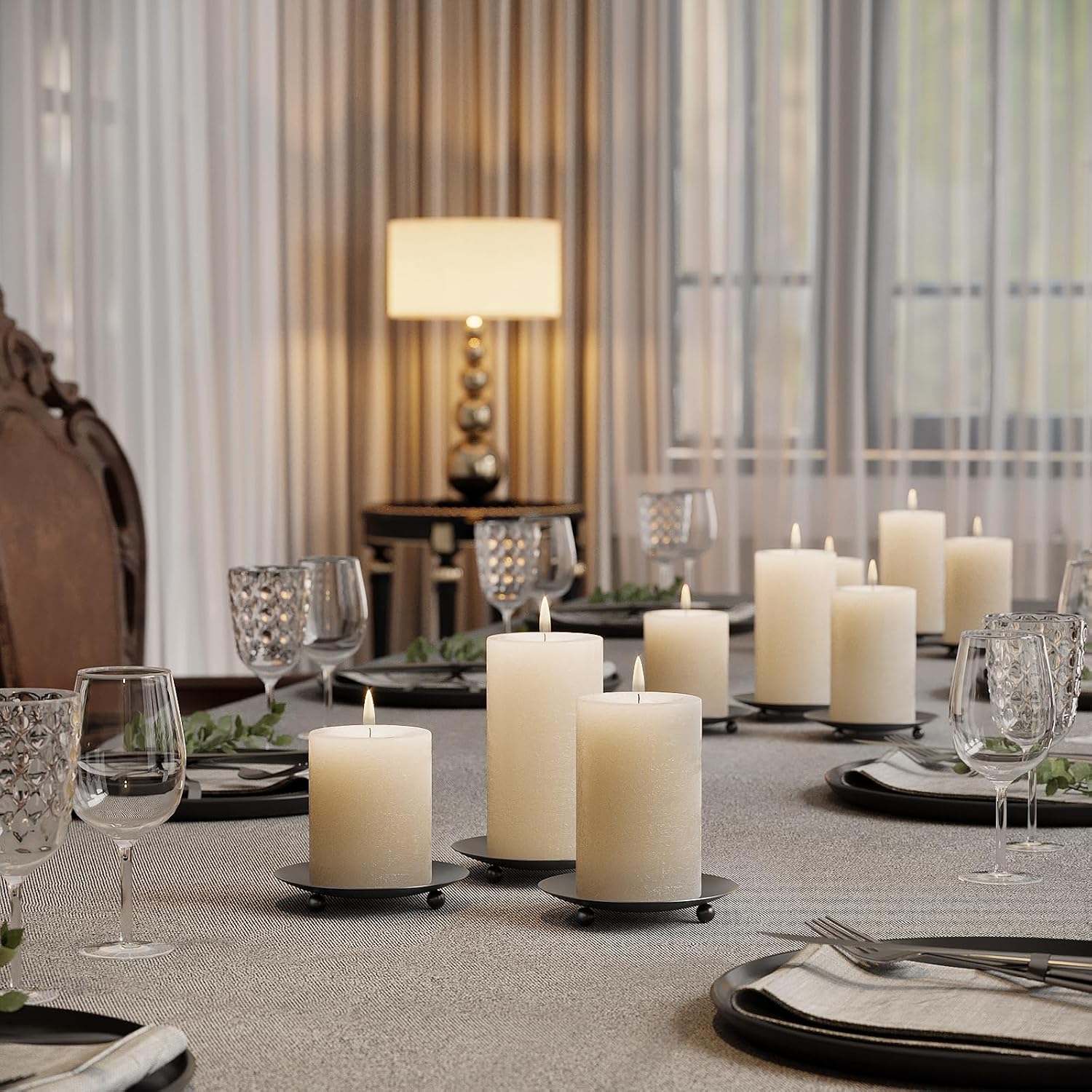 Black Candle Holders for Pillar Candles, Set of 2 Premium Metal Candle Plates Candle Stand for LED or Wax Candles, Decorative Pillar Candle Holder Dish for Table Centerpiece