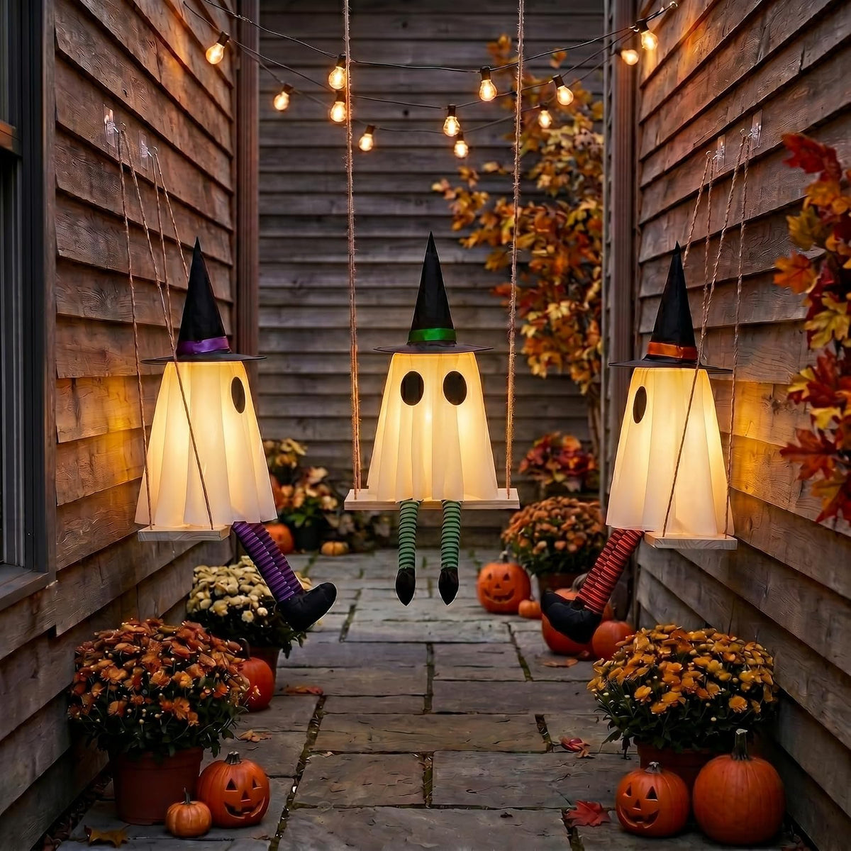 halloween swinging ghost outdoor decor, spooky hanging ghosts on a desk or shelf