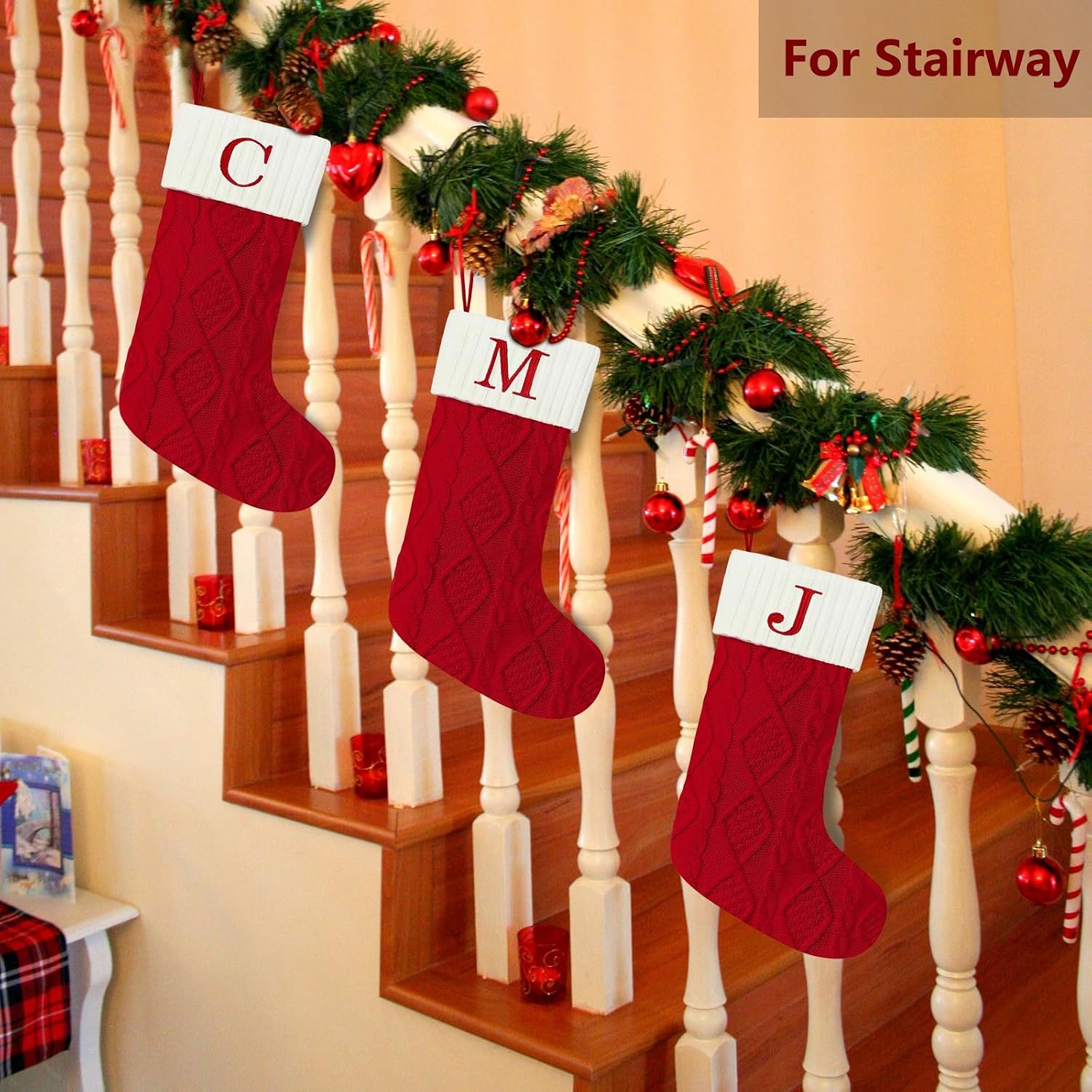 Senneny Christmas Stockings with Initials, 20” Large Embroidered Monogram Knitted Stockings for Family, Kids, Xmas Holiday Party Gifts & Decoration for Fireplace, Letter J