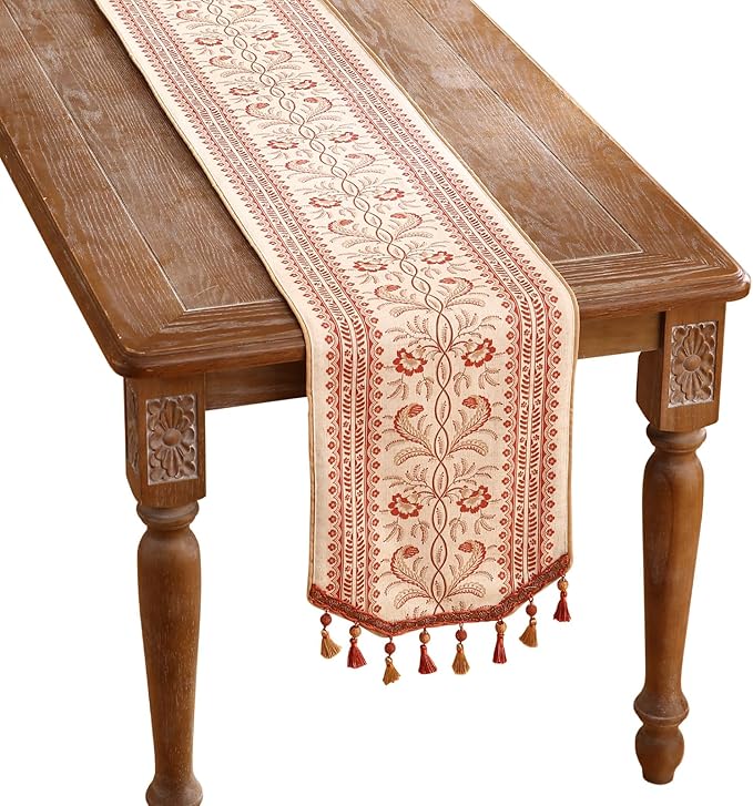 ISAENNE Designer Vintage Linen Table Runner 87 Inches Long,Red Floral Pattern Modern Decor Table Runners for Dining Tables,Thanksgiving,Kitchen Tables,Christmas,Banquet,12"*87"-Chamonix A