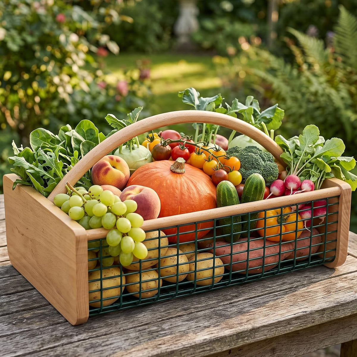 garden harvest basket, wooden garden basket with metal, main product view