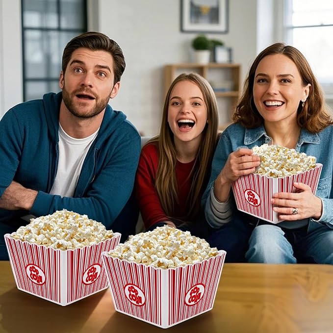 Hedume 6 Pack Popcorn Containers, Plastic Movie Theater Style Popcorn Container Set, Red & White Striped Classic Popcorn Boxes for Movie Night, Reusable (Square, 9" x 9" x 6")