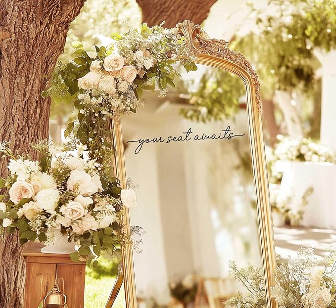 Your Seat Awaits Vinyl Decal, Wedding Seating Sticker, Mirror Decal for Seating, Please Find Your Seat Signs, Wedding Decor Sign (Black, Width 20")