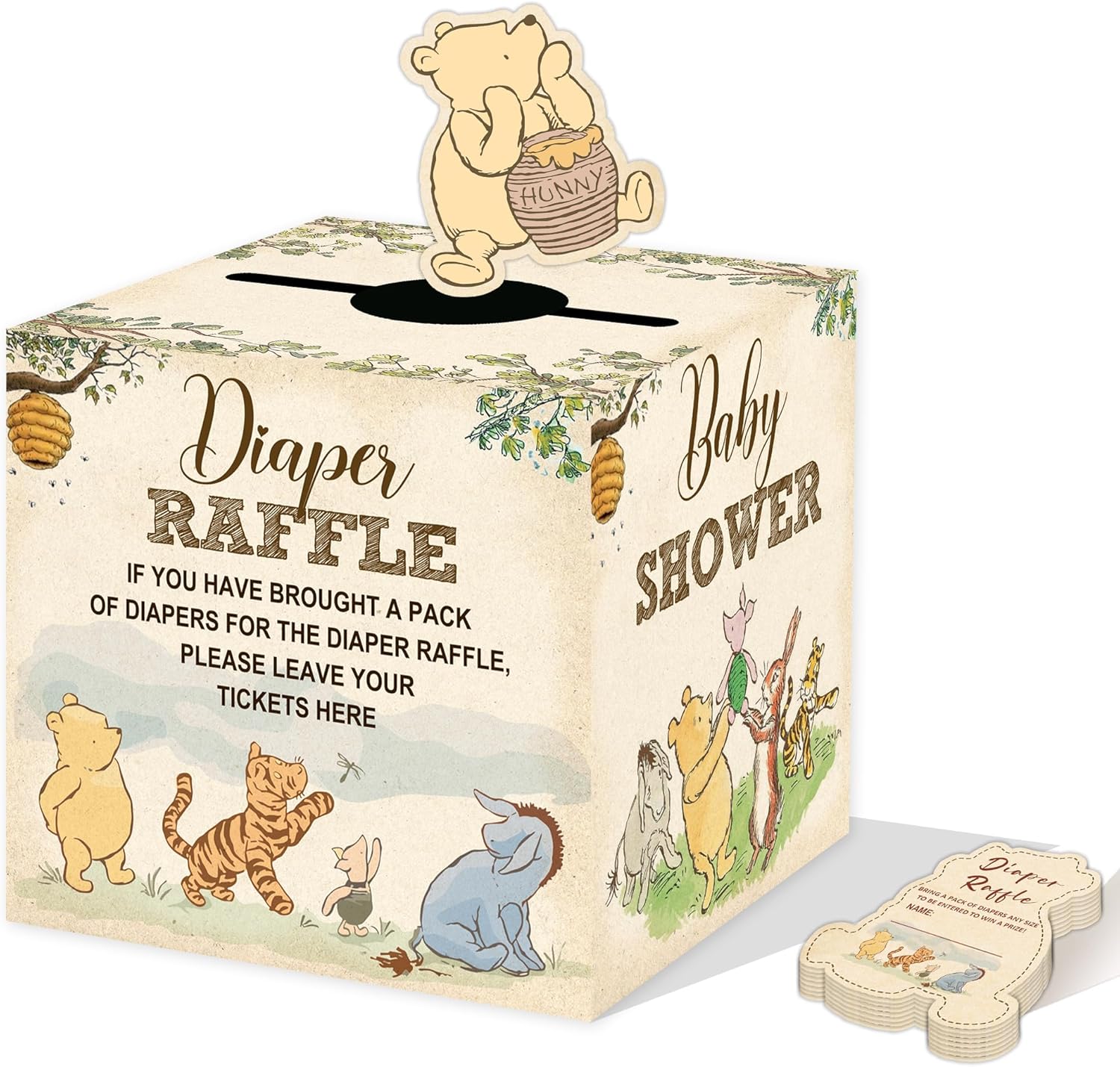 Winnie Baby Shower Decorations, Pooh Party Decorations, The Pooh Baby Shower Games, Winnie Diaper Raffle Box with 50Pcs Cards，Newborn Party Favors Boys and Girls First Birthday Supplies