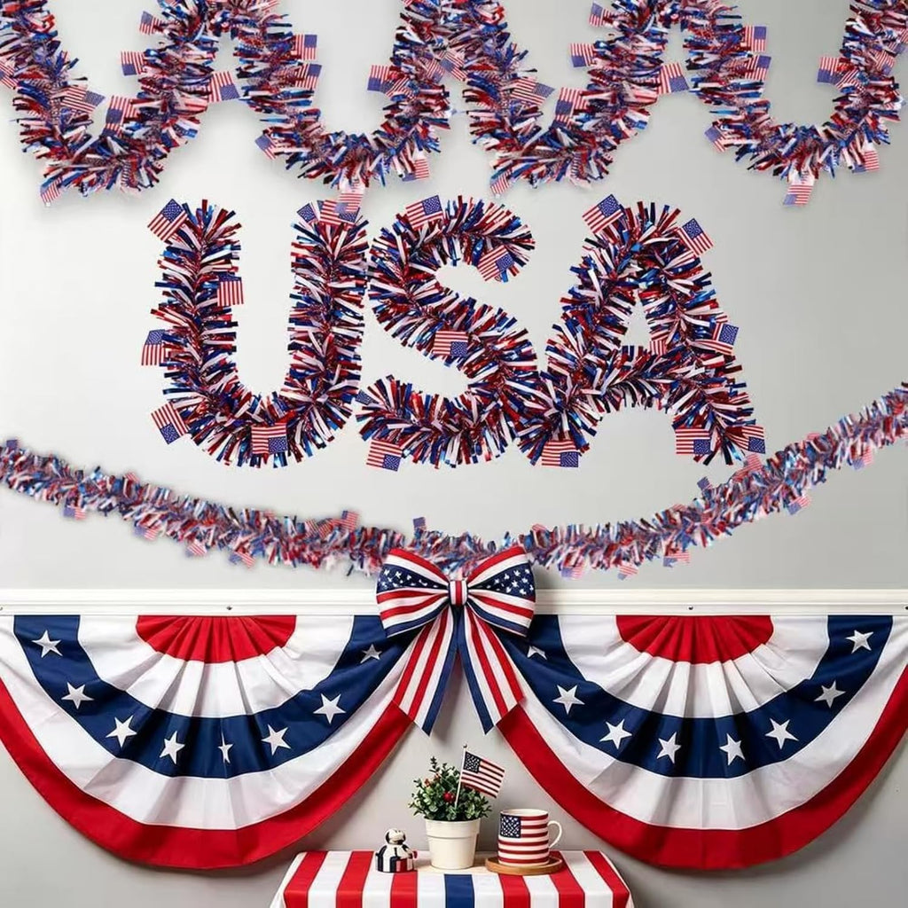 50Ft 2026 4th of July Garland Decorations, Glitter Tinsel Patriotic Decor 250 Anniversary USA Merchandise, Red White Blue with American Flags for National Independence Day Decor