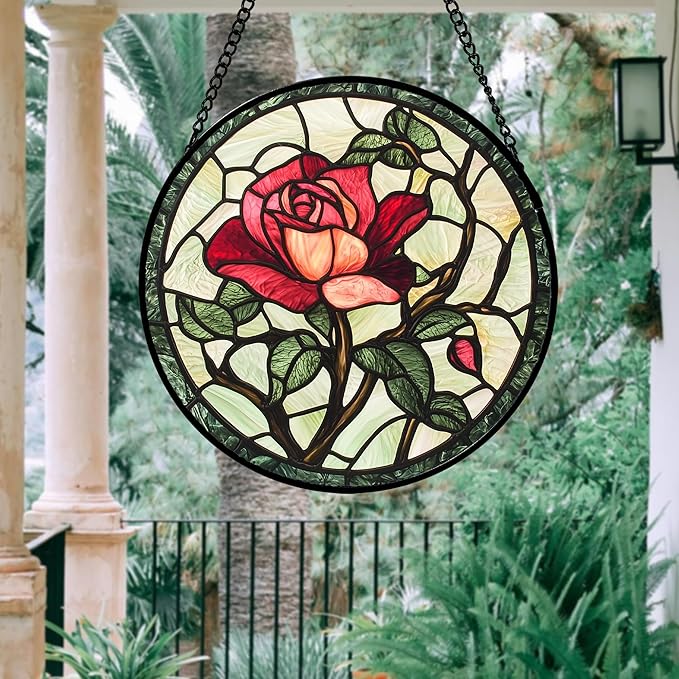 Stained Glass Window Hanging, Red Rose Flowers Sun Catcher for Door Garden Home Decor Suncatcher Christmas Mother's Day Birthday Gifts for Women Lovers Men Wife Girlfriend Mom Nana 11.8 in