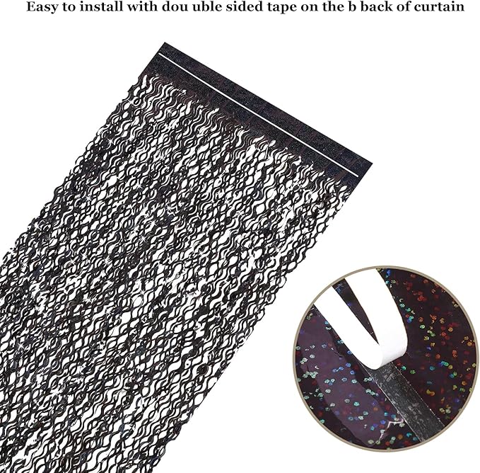Black Foil Curtain Backdrop, CYLMFC 3 Pack 3.3 ft x 6.6 ft Sparkle Metallic Foil Curtains for Photo Booth Props Decoration,Graduation,Fiesta,Halloween Party Decor