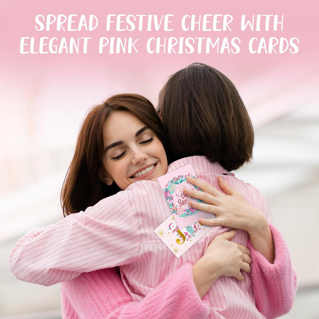 Decorably 24 Pack Foiled 6x4in Pink Christmas Cards with Envelopes and Stickers, 8 Elegant Holiday Designs Seasons Greetings for Family, Friends & Loved Ones with Printed Message, Gifting, Mailing