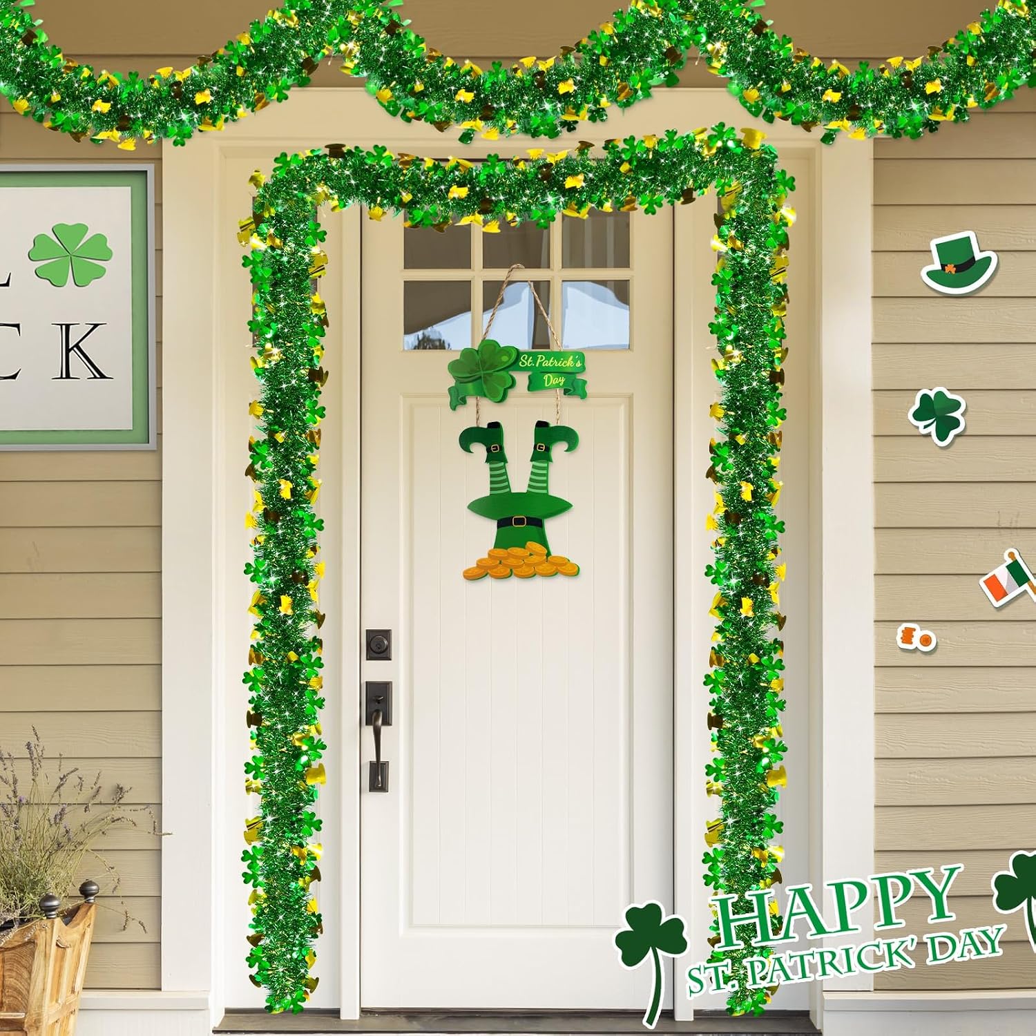 33 Ft Tinsel Garland St.Patrick's Day Decoration,Green Gold Leprechaun Hat Shamrocks Clover Metallic Streamers St.Patrick's Day Decorations for Home Outdoor Indoor Irish Party Supplies Decorations