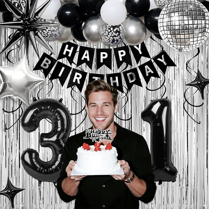 31st Birthday Decorations for Men Women, Black Silver Happy Birthday Party Decorations， 31 Year Old Party Supplies with Number 31 Balloons, Banner, Fringe Curtains Kit