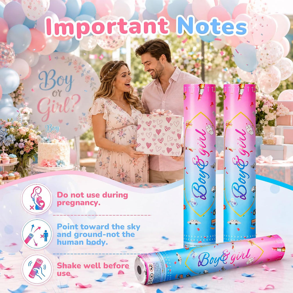 GAILROSO Gender Reveal Confetti Cannon,Corn Powder Party Poppers 4pack | 12 inch 2 blue 2 pink Biodegradable poppers with safety net,shoots 20-25ft,easy use for Baby Shower,Gender Reveal Party