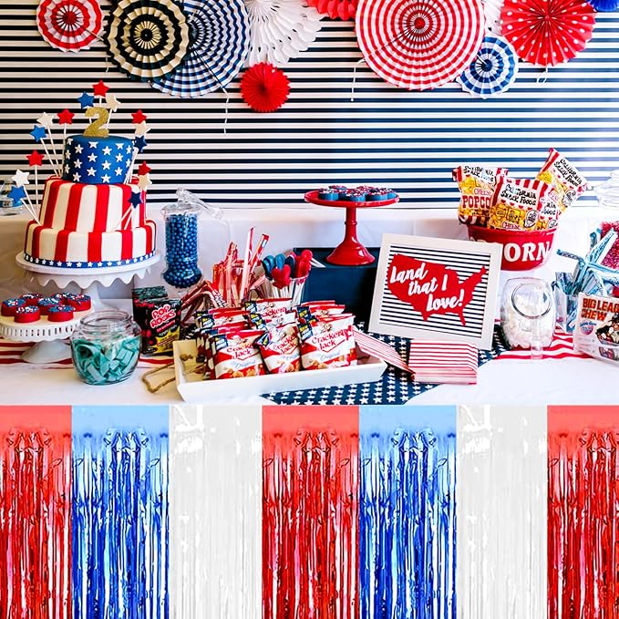 3 Pack 29 x108 Inch White Blue Red Foil Fringe Table Skirts Metallic Banner for Tinsel Streamer Garland Backdrop for Parade Floats Wedding Thanksgiving Birthday Christmas New Year Party Decoration